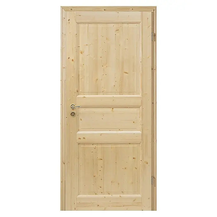 Kilsgaard Landhaustür 02/03 - 735 x 1.985 mm, DIN Anschlag: Rechts, Fichte - Eine helle Holztür mit Paneelen und einem silbernen Türgriff. Das Holz hat eine natürliche Maserung und ist unbehandelt.