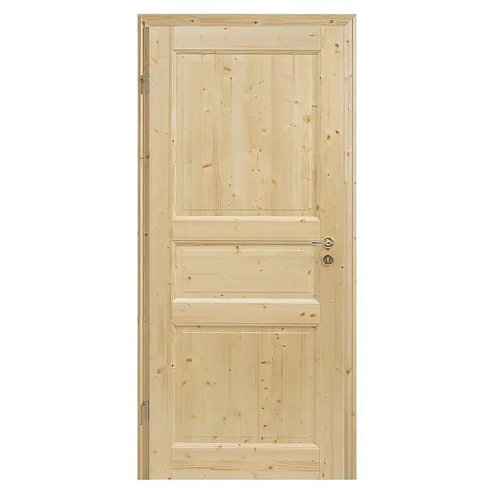Kilsgaard Landhaustür 02/03 - 860 x 1.985 mm, DIN Anschlag: Links, Fichte - Eine helle Holztür mit drei Paneelen und einem silbernen Türgriff. Die Tür ist mit Astlöchern und Maserung versehen.