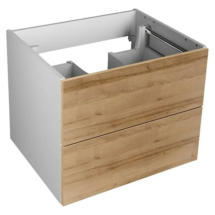 Lanzet Q4 Waschtischunterschrank - 92,8 x 50,5 x 49,2 cm, Berg Eiche/Schwarz - Badezimmerunterschrank mit zwei Schubladen und weißem Korpus. Der Unterschrank ist in Holzoptik gehalten und bietet Stauraum im Badezimmer.