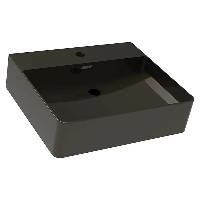 Lanzet Q4 Aufsatzwaschbecken - 50 x 42 cm, Schwarz - Nahaufnahme eines modernen, schwarzen Waschbeckens mit minimalistischem Design, ideal für stilvolle Badezimmer.