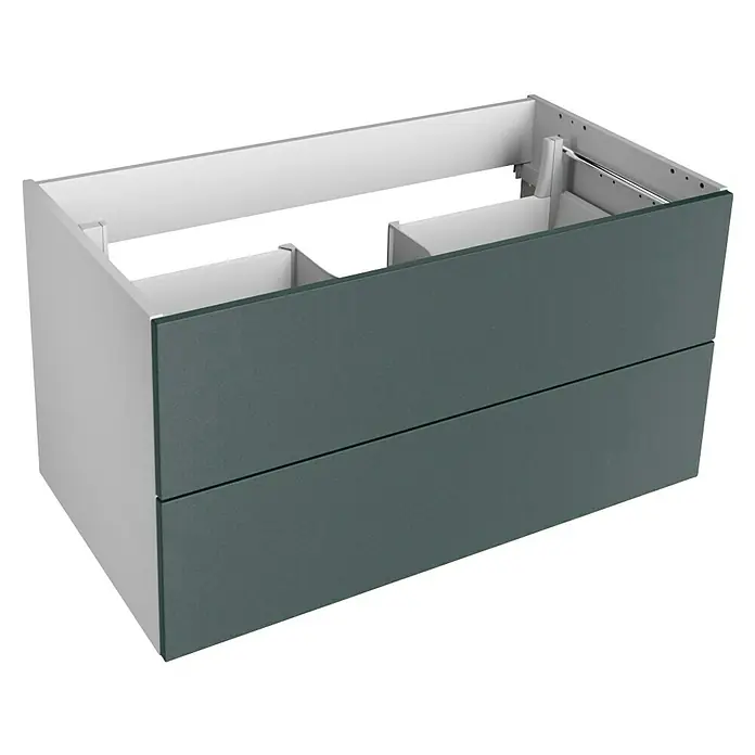 Lanzet Q4 Waschtischunterschrank - 92,4 x 49,5 x 48 cm, Verde/Berg Eiche/Goldbronze - Moderner Badezimmerschrank mit zwei Schubladen in elegantem Grau und weißem Innenraum. Ideal für jedes stilvolle Badezimmer.