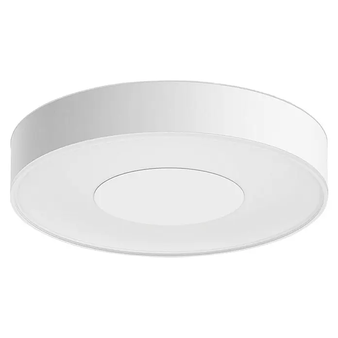 Philips Hue LED-Deckenleuchte rund White & Color Ambiance Infuse M - 33,5 W, Ø x H: 38,1 x 8,4 cm, Weiß, Mehrfarbig - Nahaufnahme einer weißen Deckenleuchte, die ein schlichtes und modernes Design aufweist. Ideal für die Beleuchtung von Innenräumen.