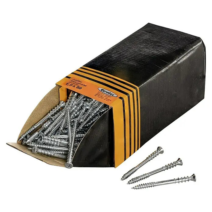 Eurotec Justierschraube Justitec - Ø x L: 6 x 80 mm, TX für TORX-Antriebe, 200 Stk. - Eine Schachtel Eurotec Justitec Stahl gehärtete Schrauben der Größe 6,0 x 80, mit einigen Schrauben vor der Schachtel.
