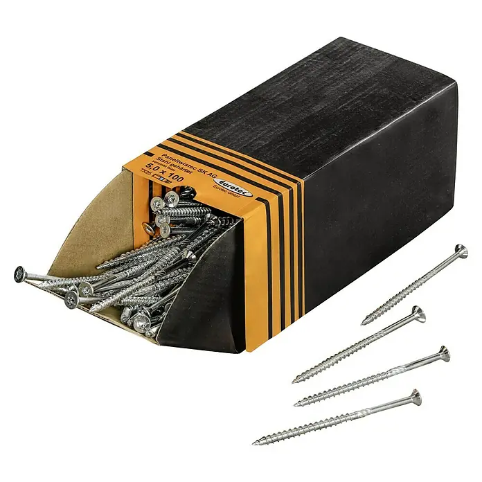 Eurotec Senkkopfschraube Paneltwistec AG - Ø x L: 5 x 100 mm, Stahl gehärtet, 200 Stk., Teilgewinde - Eine Schachtel Eurotec Schrauben, 5,0 x 100 mm, zusammen mit ein paar einzelnen Schrauben, die vor der Schachtel liegen.