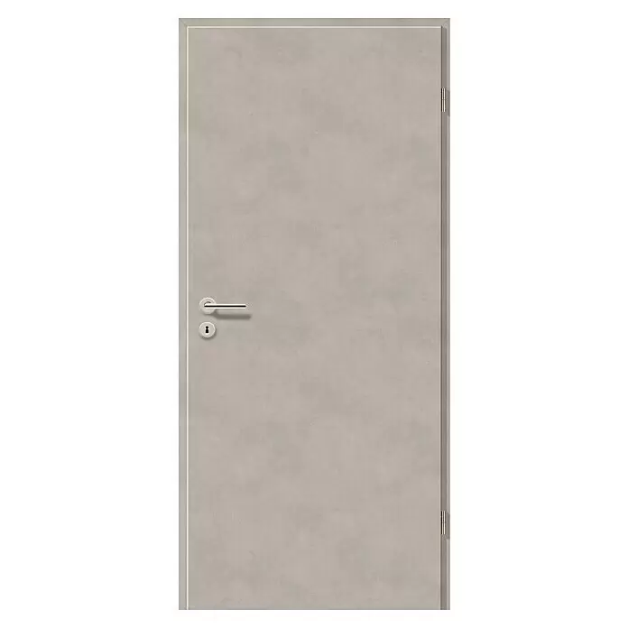 GetaDoor Laminit Zimmertür GL 434 - 860 x 1.985 mm, DIN Anschlag: Rechts, Semento Betonoptik, Röhrenspan - Moderne graue Tür mit strukturierter Oberfläche, silbernem Griff, Schlüsselloch und Scharnieren.