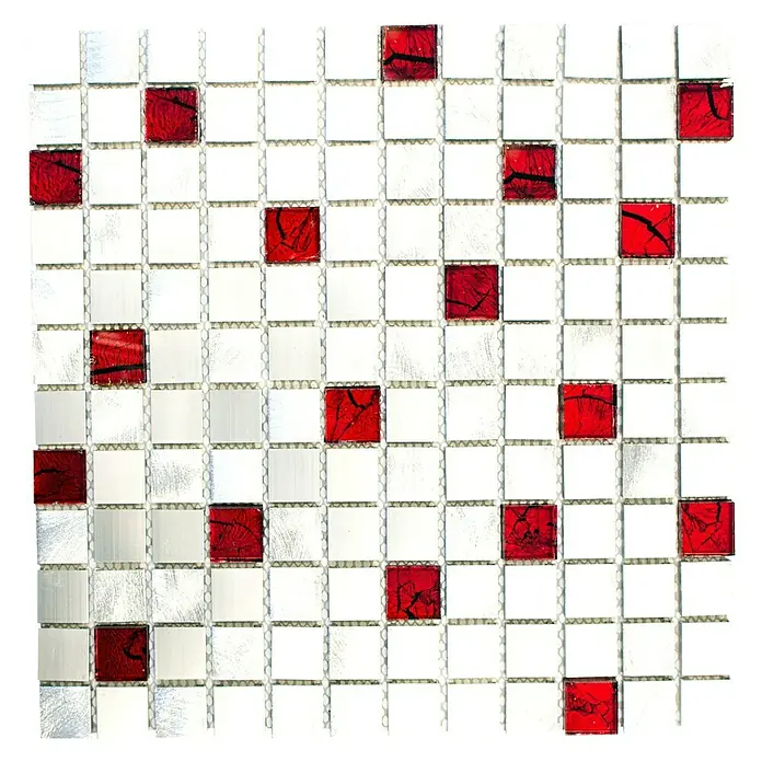Mosaikfliese Quadrat ALF O301F - 30 x 30 cm, Silber, Matt - Mosaikfliesen mit silbernen und roten Akzenten. Die quadratischen Fliesen sind auf einem weißen Netz angeordnet und verleihen jedem Raum einen modernen Touch.