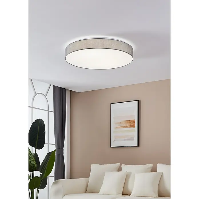 Eglo LED-Deckenleuchte rund Romao - 60 W, Ø x H: 760 mm x 12 cm, Grau, Weiß, Warmweiß - Eine moderne, runde Deckenleuchte mit grauem Stoffbezug sorgt für stilvolle Beleuchtung in jedem Raum. Ideal für Wohn- und Schlafzimmer.