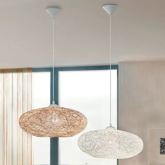Eglo Pendelleuchte rund Campilo - Höhe: 110 cm - Zwei dekorative Hängelampen mit einem ovalen, gewickelten Design in Braun und Weiß, die eine gemütliche Atmosphäre schaffen.