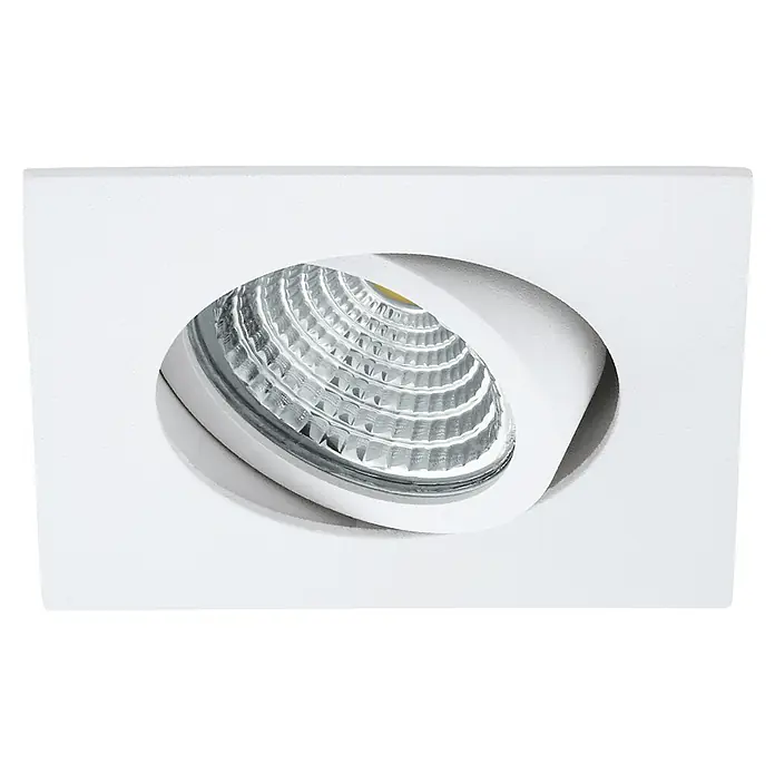Eglo LED-Einbauleuchte SALICETO - Warmweiß, Weiß, 8,8 x 8,8 x 4,2 cm - Nahaufnahme einer versenkten, weißen LED-Leuchte mit prismatischer Linse, die für eine effiziente Lichtstreuung sorgt. Ideal für moderne Innenräume.