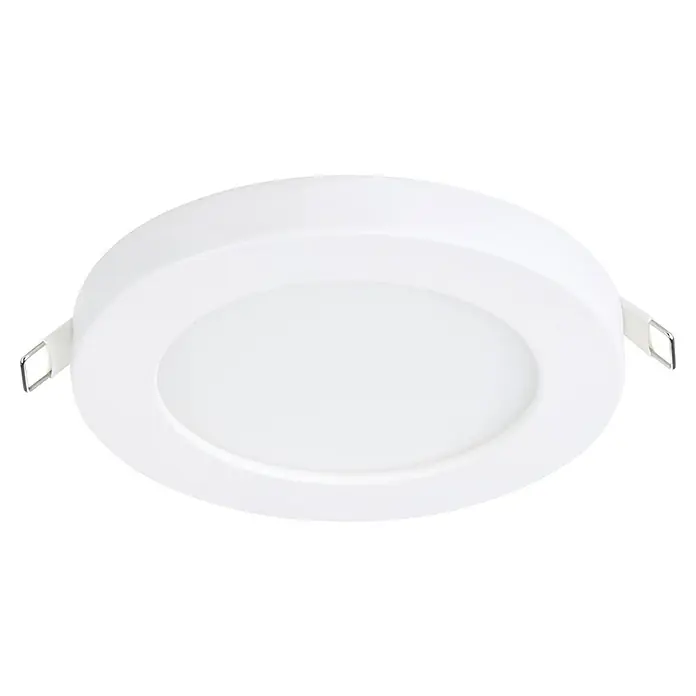 Eglo LED-Einbauleuchte rund FUEVA FLEX - 5,5 W, Ø x H: 11,7 x 0,2 cm, Weiß, Neutralweiß - Nahaufnahme einer runden, weißen LED-Deckenleuchte mit Befestigungsbügeln, ideal für moderne Innenräume.