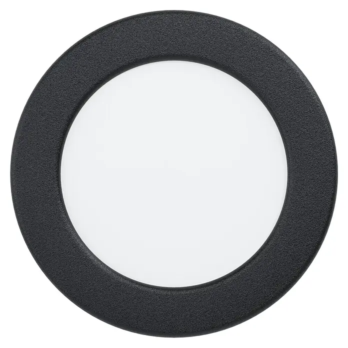 Eglo Fueva 5 LED-Einbauleuchte rund - 5,5 W, Schwarz, Neutralweiß - Nahaufnahme einer runden, schwarzen LED-Deckenleuchte mit weißer Lichtfläche.