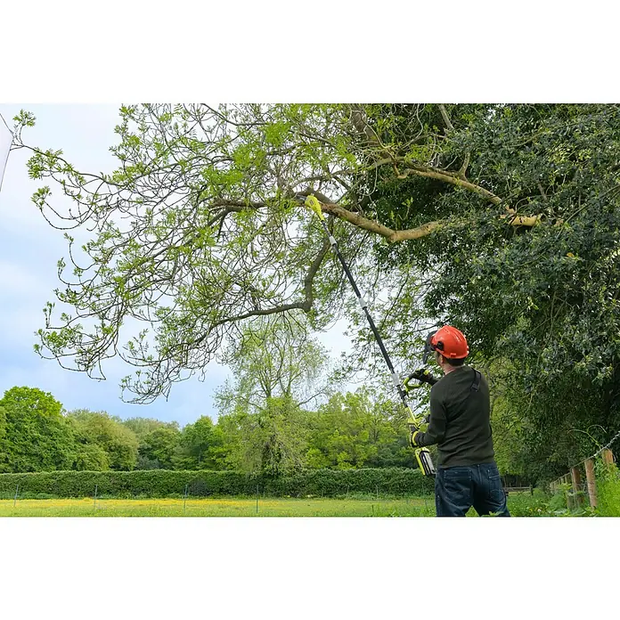 Ryobi Max Power Akku-Hochentaster RY36PP25A-0 - 36 V, Ohne Akku, Schwertlänge: 25 cm, Länge Stiel: 290 cm - Ein Mann benutzt eine Ryobi-Akku-Astsäge, um Äste zu schneiden. Die Akku-Astsäge ermöglicht kabelloses Arbeiten im Garten.