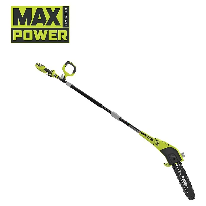 Ryobi Max Power Akku-Hochentaster RY36PP25A-0 - 36 V, Ohne Akku, Schwertlänge: 25 cm, Länge Stiel: 290 cm - Das Bild zeigt eine Ryobi 36V Max Power Akku-Astkettensäge, ein nützliches Werkzeug für die Baumpflege.