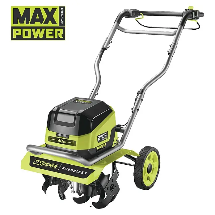 Ryobi Max Power Akku-Bodenhacke RY36CVXA-0 - Anzahl Akkus: Ohne Akku, Li-Ionen - Der RYOBI Max Power Kultivator: Ein 36V-System mit 40 cm Arbeitsbreite und bürstenlosem Motor für effizientes und kabelloses Arbeiten im Garten.