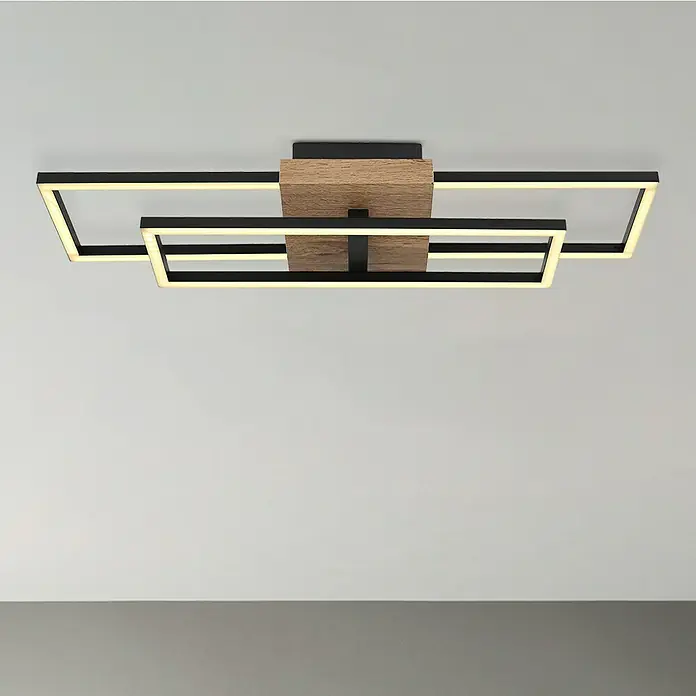 Globo LED-Deckenleuchte KENDRA - 18 W, L x B x H: 60 x 15 x 10 cm, Schwarz-matt, Warmweiß - Moderne LED-Deckenleuchte mit Holzdetails. Die Lampe ist in Schwarz und Holzoptik gehalten und sorgt für eine angenehme Beleuchtung im Raum.