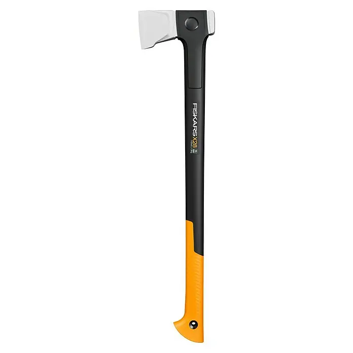 Fiskars X-series Spaltaxt X28 - Länge: 71 cm - Nahaufnahme einer Fiskars X28 Spaltaxt mit orangefarbenem Griff vor schwarzem Hintergrund.