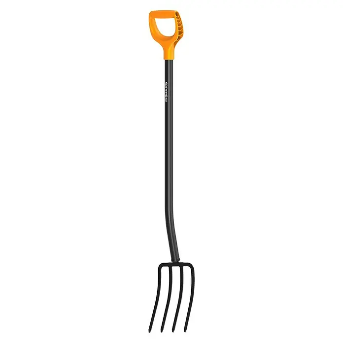 Fiskars Solid Spatengabel - Anzahl Zinken: 4, Langstiel - Fiskars Gartengabel mit D-Griff. Das Werkzeug ist schwarz und hat einen orangefarbenen Griff. Ideal für Gartenarbeiten.