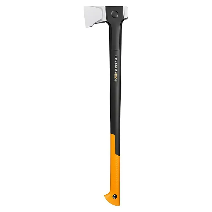 Fiskars X-series Spaltaxt X32 - Länge: 81,5 cm - Eine Fiskars X32 Spaltaxt mit schwarzem Griff und orangefarbenen Griffenden, ideal für das Spalten von Holz.