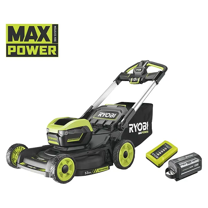 Ryobi Max Power Akku-Rasenmäher RY36LMXSP53A-160 - 36 V, 1 Akku, 6 Ah, Schnittbreite: 53 cm - Ein akkubetriebener Ryobi MAX POWER Rasenmäher mit 36V System, inklusive Akku und Ladegerät für effiziente Gartenarbeit.