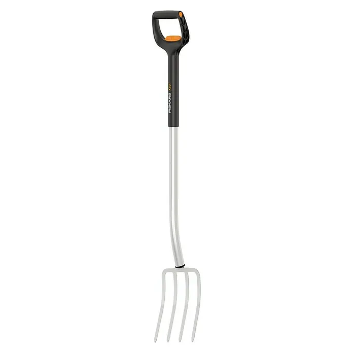 Fiskars Xact Spatengabel - Arbeitsbreite: 18,5 cm, Anzahl Zinken: 4, Teleskopstiel - Nahaufnahme einer Fiskars Xact Grabgabel mit D-Griff, ideal für Gartenarbeiten und Bodenbearbeitung, mit stabilem Stahl und ergonomischem Design.