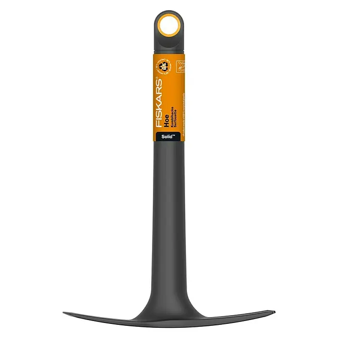 Fiskars Solid Kleinhacke - Arbeitsbreite: 7,4 cm, Blattform: Gerade, Anzahl Zinken: 3 - Abbildung einer Fiskars Solid™ Kombihacke mit gelbem Etikett und Aufhängeloch, ideal für Gartenarbeiten.