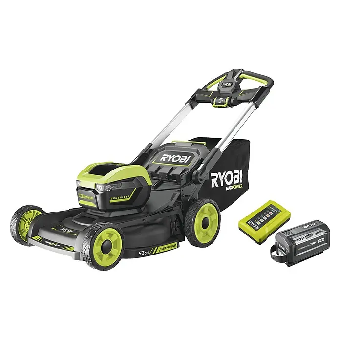 Ryobi Max Power Akku-Rasenmäher RY36LMXSP53A-160 - 36 V, 1 Akku, 6 Ah, Schnittbreite: 53 cm - Abbildung eines RYOBI MAXPOWER Akku-Rasenmähers mit Akkus, der für effizientes Rasenmähen im Garten konzipiert ist.