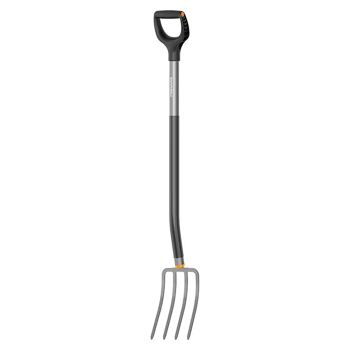 Fiskars Ergonomic Spatengabel - Arbeitsbreite: 20,5 cm, Anzahl Zinken: 4, Ergonomischer Stiel - Abbildung einer Fiskars-Gartenkralle mit D-Griff, robust und ideal zum Auflockern und Belüften des Bodens im Garten.