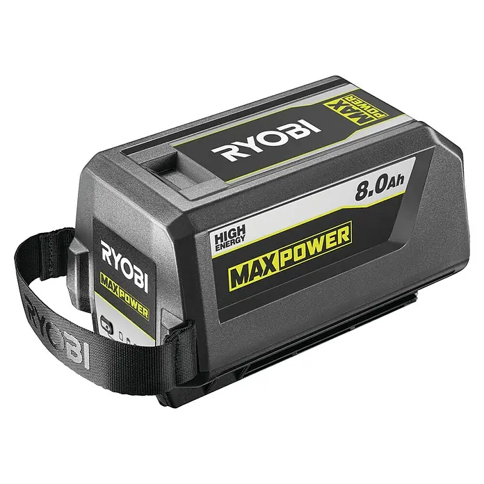 Ryobi Max Power Akku RY36B80B - 36 V, 8 Ah, Li-Ionen - Nahaufnahme eines RYOBI MAX POWER 8.0Ah Akkus mit Tragegurt, ideal für kraftvolle Werkzeuge.
