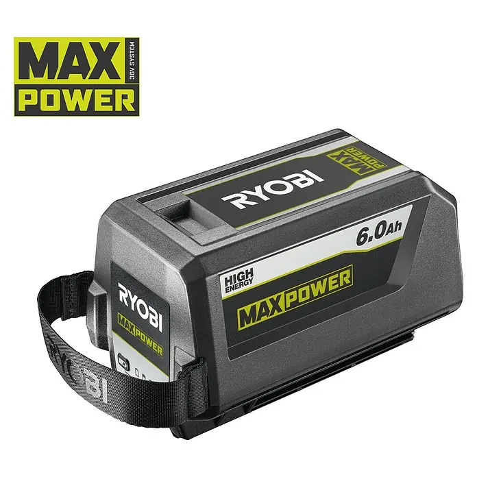 Ryobi Max Power Akku RY36B60B - 36 V, 6 Ah, Li-Ionen - Abbildung eines Ryobi 6.0Ah MAX POWER Akkus. Akku für Werkzeuge mit dem Ryobi-Logo auf der Batterie und dem Griff des Produkts.