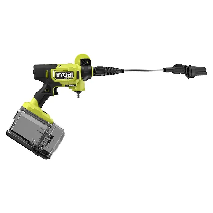 Ryobi Max Power Akku-Hochdruckreiniger RY36PWX41A-0 - 36 V, Ohne Akku, Max. Druck: 41 bar, Fördermenge: 160 l/h - Akku-betriebener RYOBI Max Power EZClean-Reiniger mit aufgesetzter Batterie und Sprühstab für Reinigungsarbeiten im Freien.