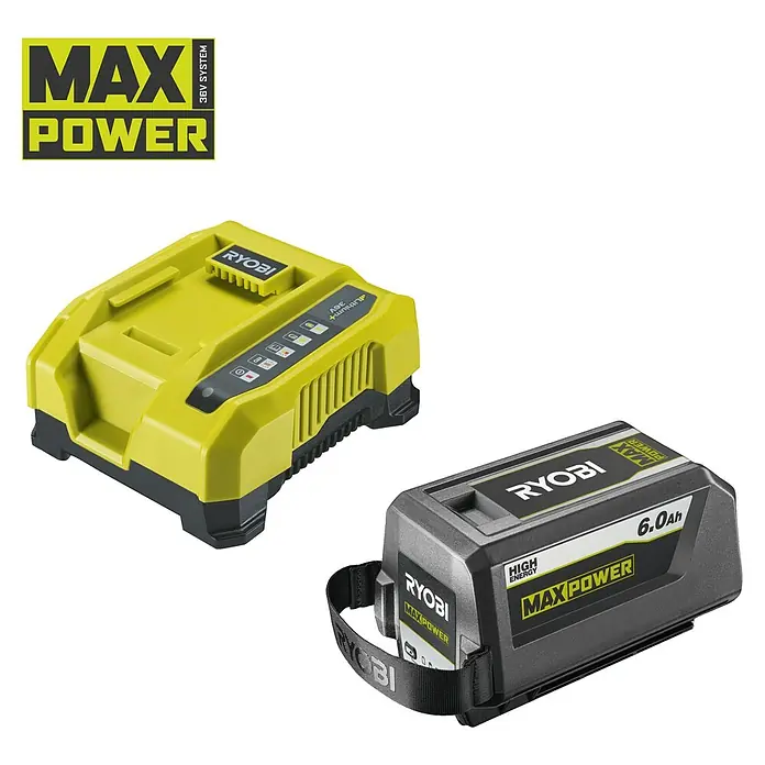 Ryobi Max Power Akku-Set RY36BK60B-160 - 36 V, 6 Ah, Li-Ionen, 1 Akku - Abbildung des Ryobi 36V Max Power Akkus und Ladegeräts, die für ihre Leistung und Effizienz bekannt sind.