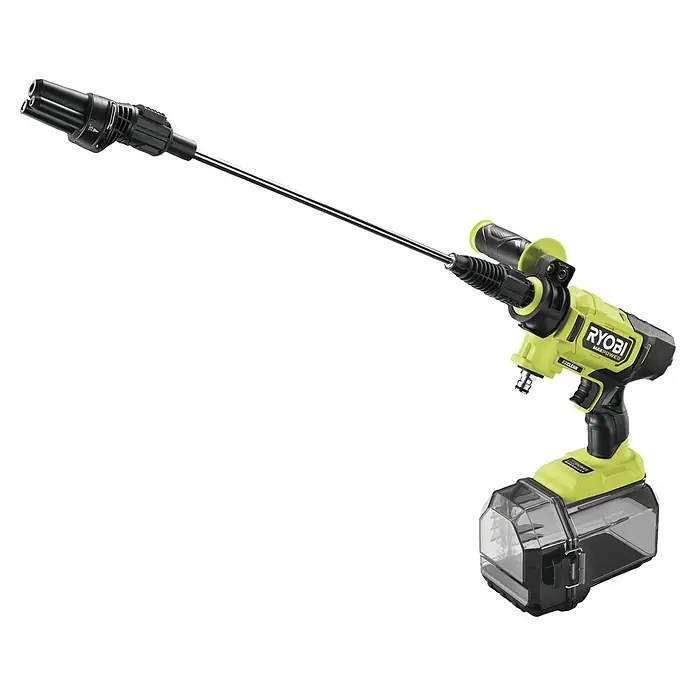 Ryobi Max Power Akku-Hochdruckreiniger RY36PWX41A-0 - 36 V, Ohne Akku, Max. Druck: 41 bar, Fördermenge: 160 l/h - Das Bild zeigt einen akkubetriebenen RYOBI-Hochdruckreiniger mit Lanze und verschiedenen Aufsätzen. Ideal für mobile Reinigungsarbeiten im Außenbereich.