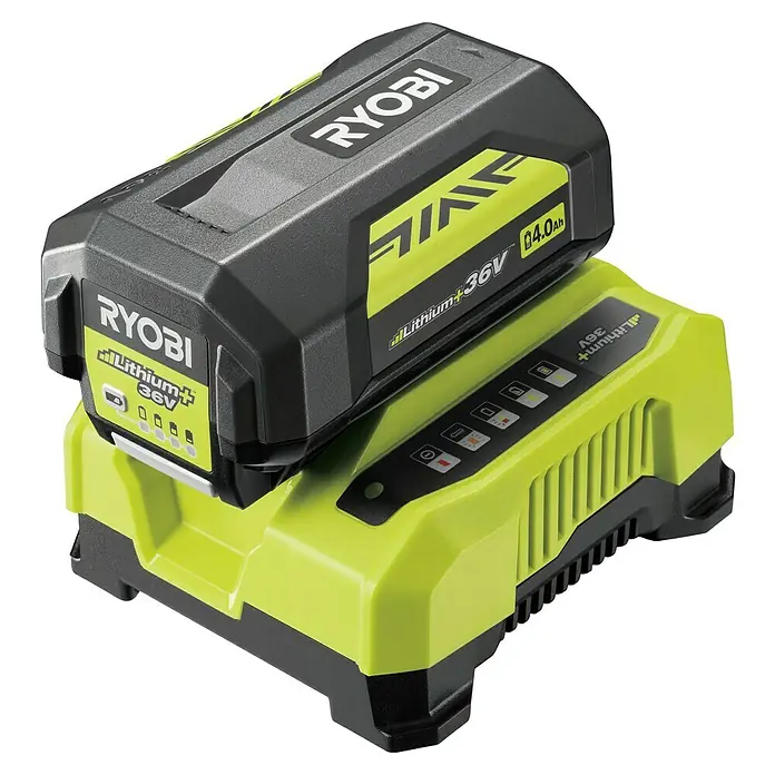 Ryobi Max Power Akku & Ladegerät RY36BC60A-140 - 1 Akku, 4 Ah - Das Bild zeigt ein Ryobi Lithium+ 36V-Akkuladegerät mit einem Akku, der auf dem Ladegerät sitzt. Der Akku ist schwarz und grün.