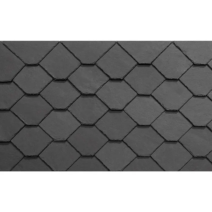 Pardur Schieferplatte - L x B x H: 20 cm x 20 cm x 5 mm, Natur, 1 Stk., Eckig - Nahaufnahme von schwarzen Schiefer Dachziegeln, die in einem Muster angeordnet sind und eine robuste und wetterfeste Dachdeckung bieten.