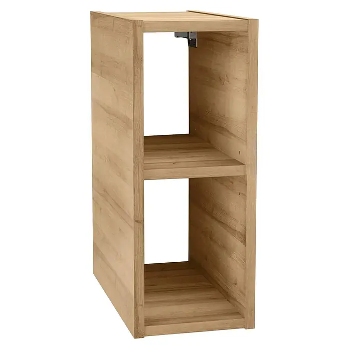 Lanzet Q4 Waschtischunterschrank - 92,8 x 50,5 x 49,2 cm, Berg Eiche/Schwarz - Ein Regal in Holzoptik mit zwei offenen Fächern. Das Regal hat eine natürliche Holzmaserung und ist schlicht im Design.