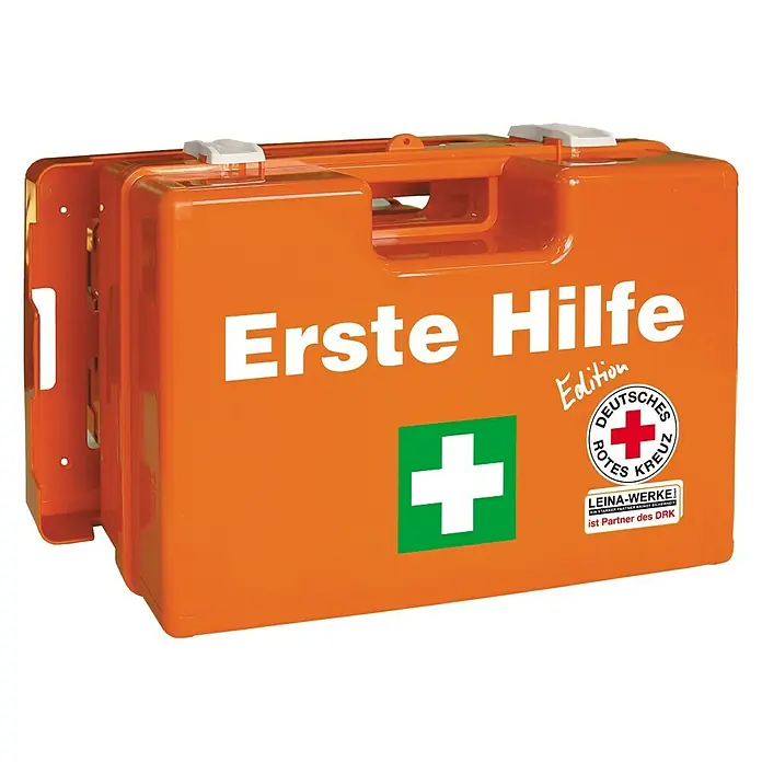 Leina-Werke Erste-Hilfe-Koffer Quick DRK-Edition - DIN 13157, Mit Wandhalterung, Orange - Erste Hilfe Kasten, orangefarben, mit weißer Schrift, Kreuz und Logos. Ideal für Notfälle und Erste Hilfe Maßnahmen.