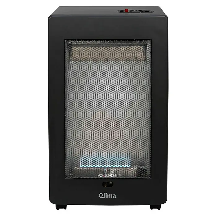 Qlima Estufa de gas llama azul GH 438 B2 - 3,8 kW, Negro - En la imagen se muestra el calefactor de gas Qlima con carcasa negra y una rejilla que protege los quemadores. Ideal para calentar interiores.