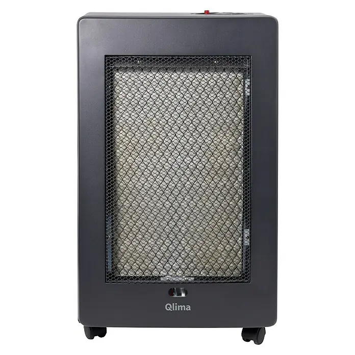 Qlima Estufa de gas catalítica GH 825 C - 2,5 kW, Negro - Estufa de gas Qlima gris-negra con una rejilla negra delante de los radiadores y la palabra Qlima.