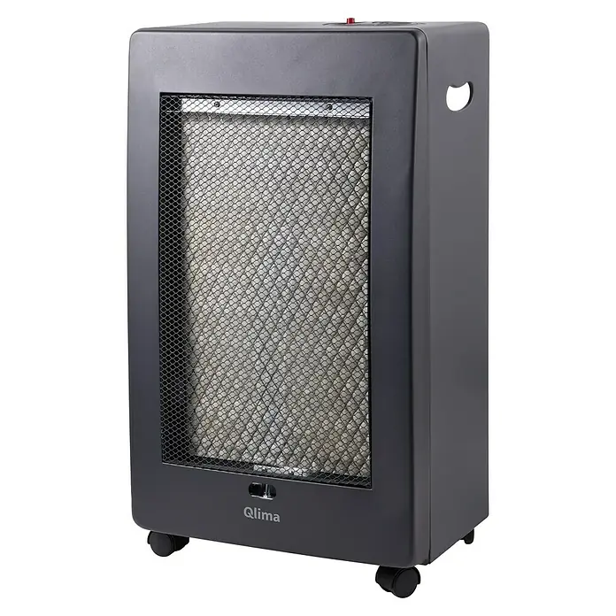 Qlima Estufa de gas catalítica GH 825 C - 2,5 kW, Negro - Aquí hay una estufa de gas Qlima con ruedas y una rejilla protectora frente al elemento calefactor. El dispositivo es de color oscuro.
