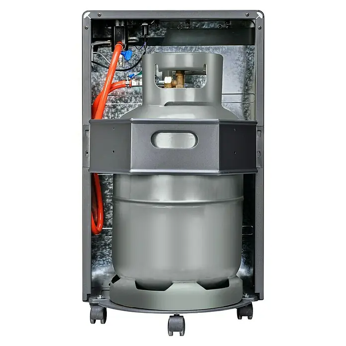 Qlima Estufa de gas catalítica GH 825 C - 2,5 kW, Negro - Cilindro de gas gris en un recinto portátil con ruedas, conectado a una manguera roja, para un transporte fácil y un almacenamiento seguro.