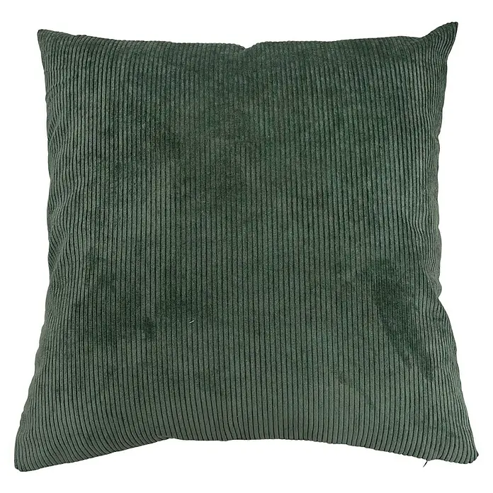 Cojín Pana - 45 x 45 cm, Poliéster, Verde, Cuadrado - Primer plano de un cojín cuadrado de pana verde oscuro sobre un fondo negro. Un cojín decorativo para tu hogar.