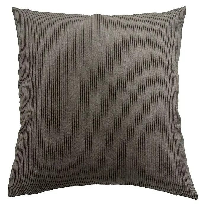Cojín Pana - 45 x 45 cm, Poliéster, Taupé, Cuadrado - Un cojín cuadrado de pana gris sobre un fondo negro. El cojín tiene una fina textura acanalada.