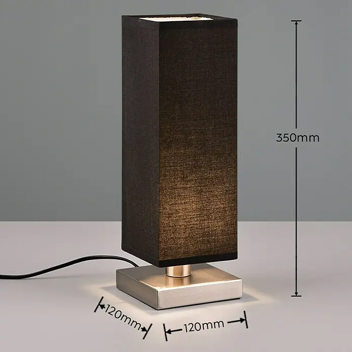 Trio Lighting Lámpara de sobremesa decorativa Touch - 60 W, L x An x Al: 12 x 12 x 35,5 cm, Gris/Negro, E14 - Imagen de producto de una lámpara de mesa negra y delgada con base cuadrada, que mide 350 mm de alto y 120 mm de ancho.
