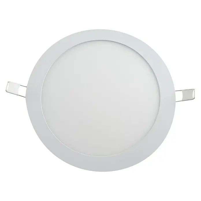 Alverlamp Downlight LED empotrable DLP - 18 W, Ø x Al: 22,1 x 2,5 cm, Blanco, Blanco neutro - Primer plano de una lámpara de techo LED redonda con marco blanco y clips de montaje. Diseño elegante para iluminación moderna.