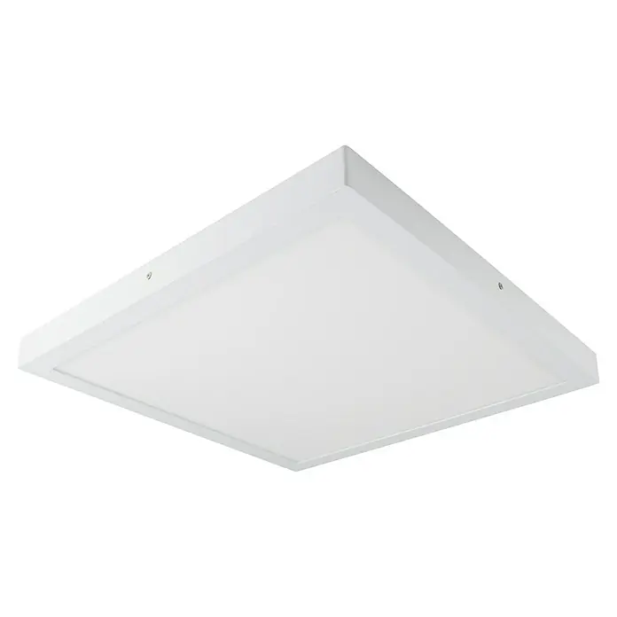 Alverlamp Plafón LED - 50 W, L x An x Al: 50 x 50 x 4 cm, Blanco, Blanco cálido - Primer plano de una lámpara de techo LED cuadrada y blanca con un diseño minimalista y características de montaje, ideal para interiores modernos.