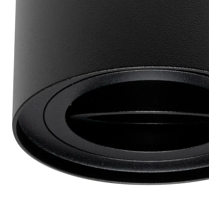 Alverlamp Foco de pared de superficie basculante - Negro, GU10, Ø x Al: 9,6 x 12,6 cm - Primer plano de una lámpara de techo negra que muestra un diseño minimalista y moderno, perfecta para interiores elegantes.
