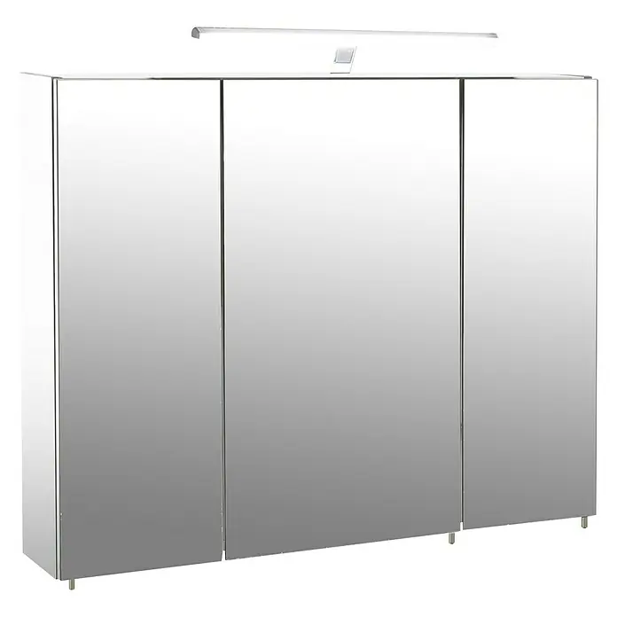 Schildmeyer LED-Spiegelschrank Grace - B x H: 90 x 75 cm, Holz, Weiß - Ein dreitüriger Spiegelschrank mit einer integrierten Beleuchtung an der Oberseite, ideal für Badezimmer. Praktisch und stilvoll.