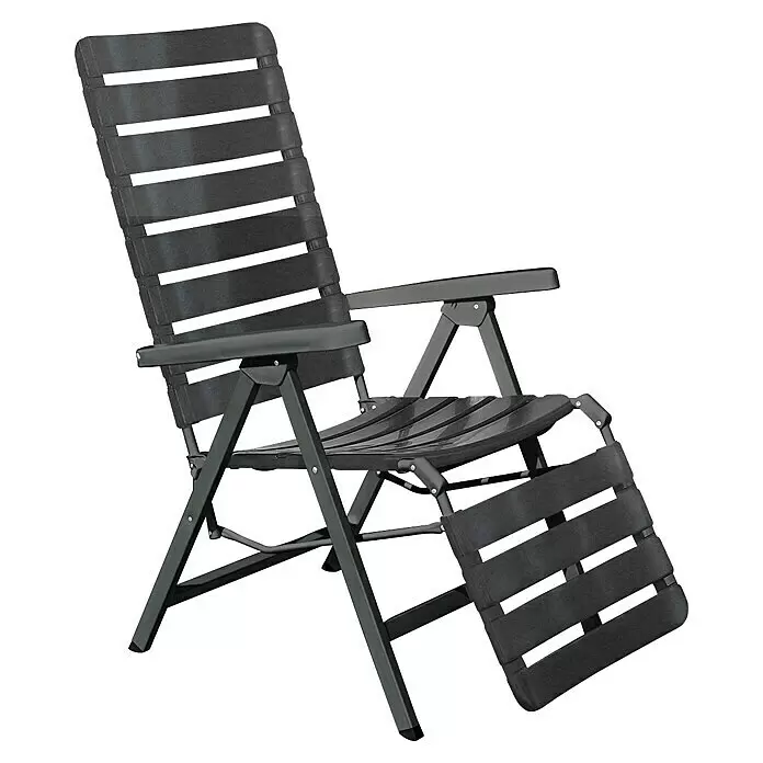 Tumbona reclinable Poel - Gris, Acero/Plástico, Respaldo regulable - Silla reclinable de plástico gris oscuro con estructura metálica y reposapiés ajustable.