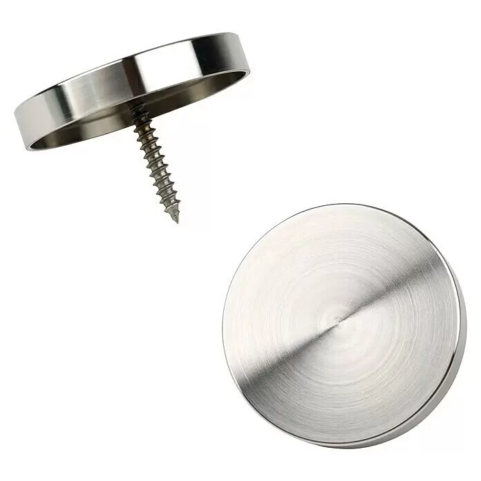 Dolle Endkappe PS 913 - Edelstahl V2A, 2 Stk., Passend für: Dolle Holzhandläufe Ø 50 mm - Zwei gebürstete Metall-Zierschraubkappen, eine mit Schraube.