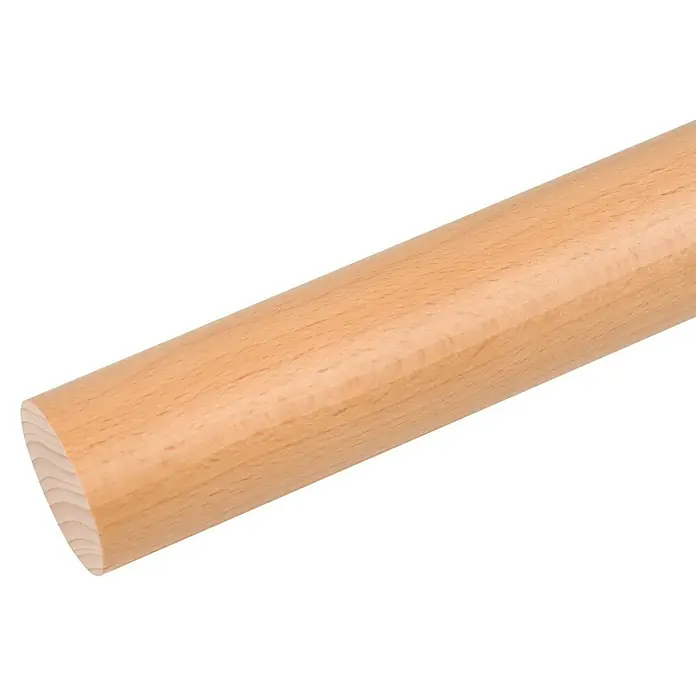Dolle Handlauf PS 3/40 - Buche Natur, Lackiert, Rund, Länge: 200 cm - Nahaufnahme eines Holzrundstabes mit glatter Oberfläche und abgerundetem Ende vor schwarzem Hintergrund.